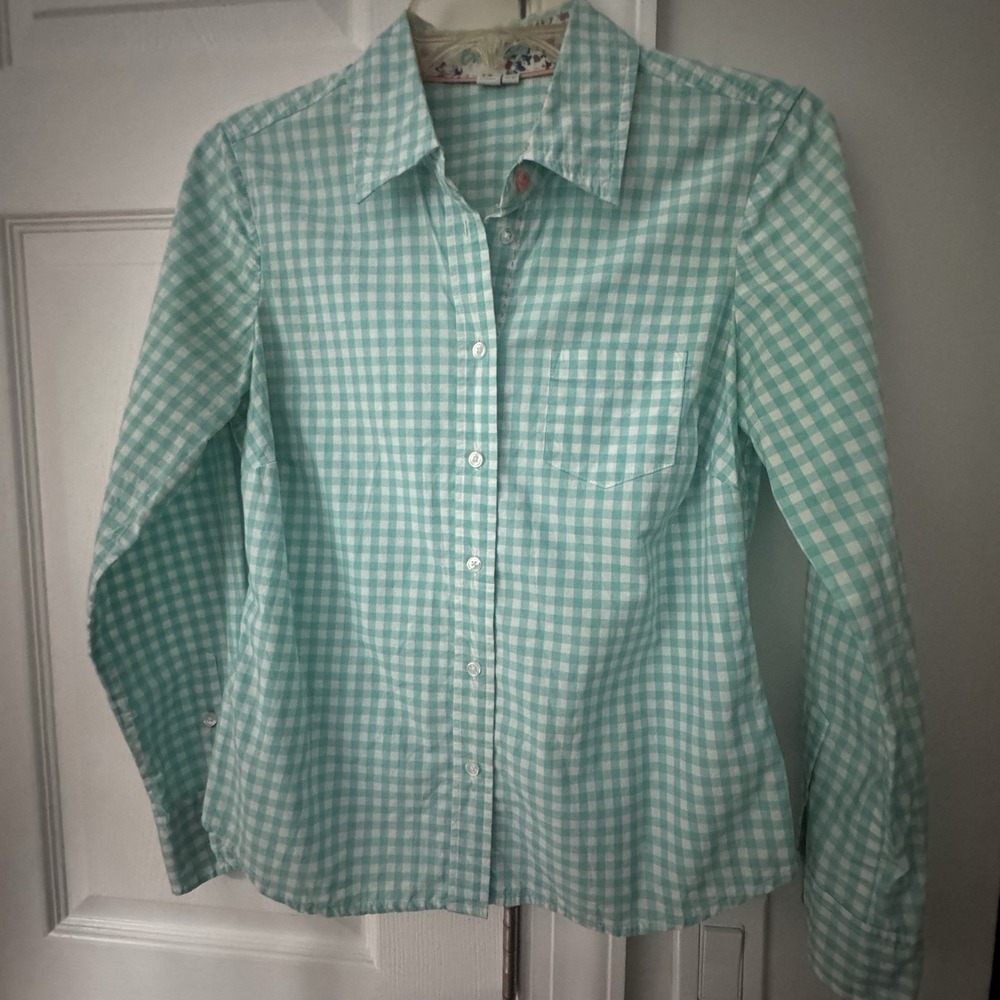 Women's Boden Gingham Shirt Blue White Check Cottagecore Tailored Preppy US 4P